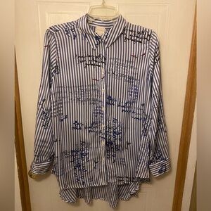 Chico's Blue & White Striped Script-Print Button Shirt